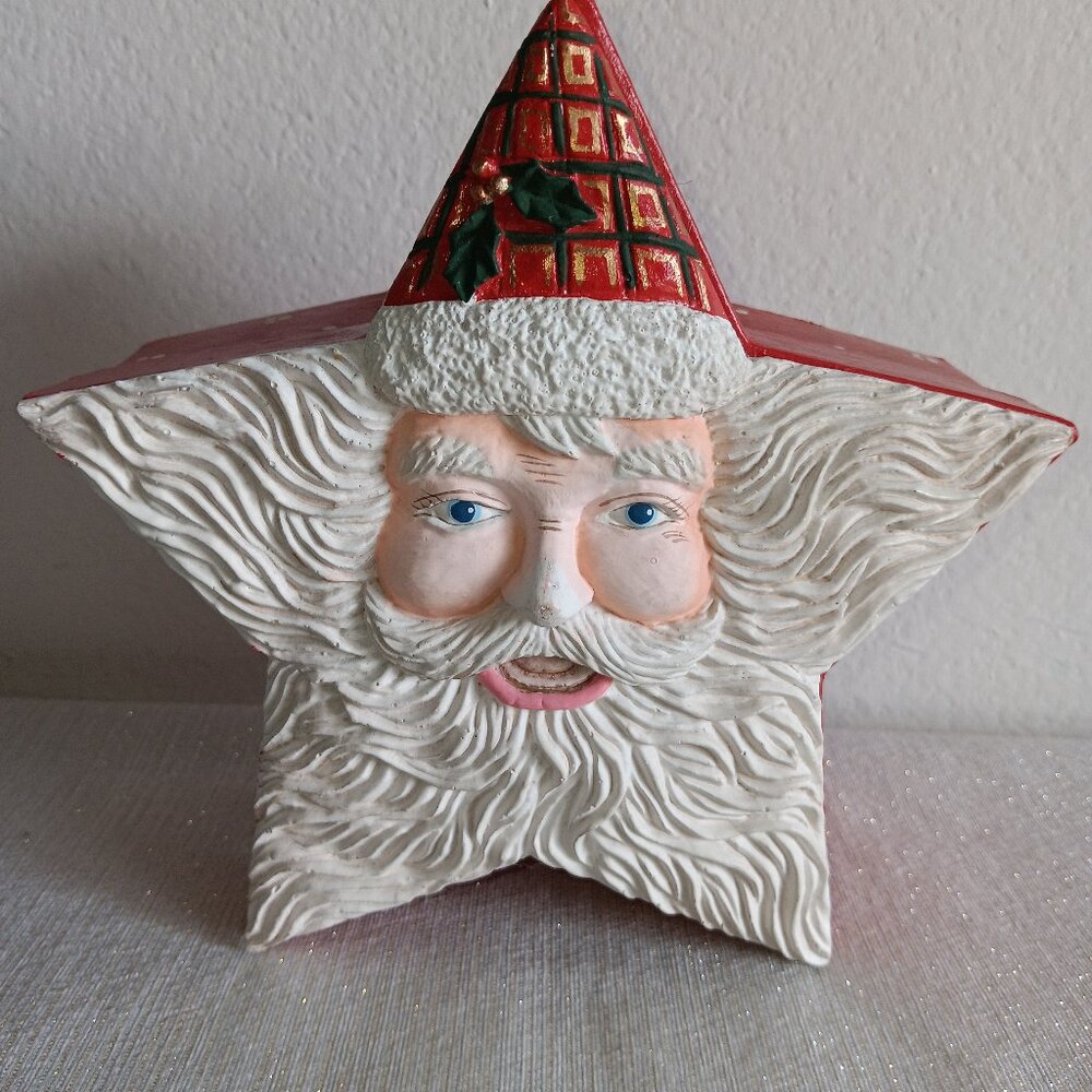 Vintage Christmas Santa 3D carved face star shaped rustic trinket gift box
